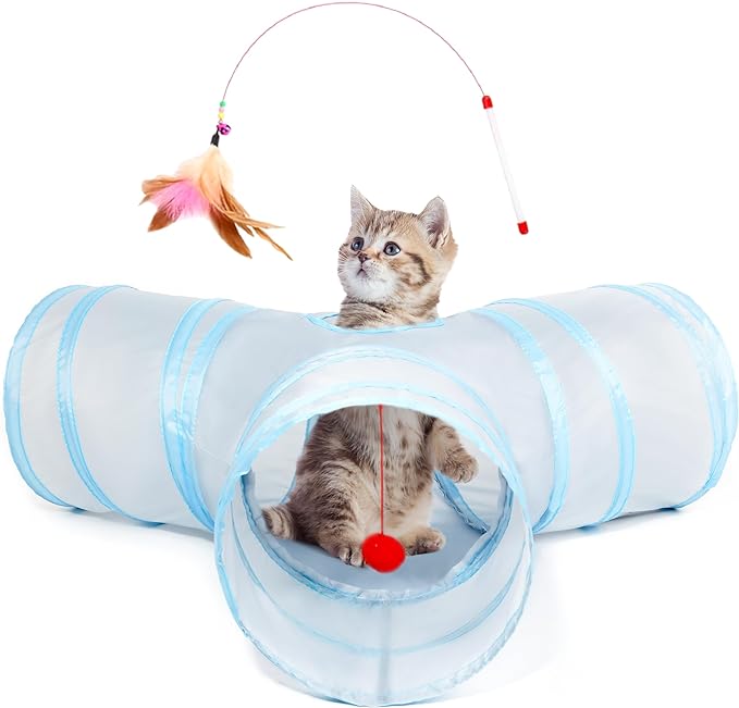 Tempcore Pet Cat Tunnel Tube Cat Toys 3 Way Collapsible, Cat Tunnels for Indoor Cats，Kitty Tunnel Bored Cat Pet Toys Peek Hole Toy Ball Cat, Puppy, Kitty, Kitten, Rabbit Light Grey