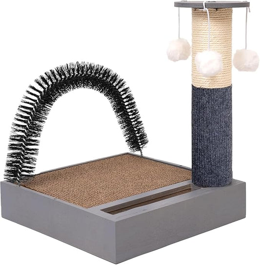 Pet Fur Grooming Cat Scratching Pads,Cats Self Groomer Massager Scratcher Toy Brush,Cat Scratching Pads with Wooden Tray (Gray)…