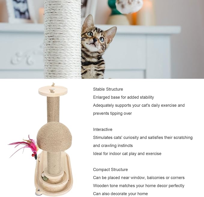 Cat Toy Cat Scratching Post 2 Layer Ball Track Kitten Scratcher Cat Toy, Sturdy Pine Hemp Cat Scratch Post Interactive Toy with Wood Ball, Suction Cup Base Cat Scratcher Toy
