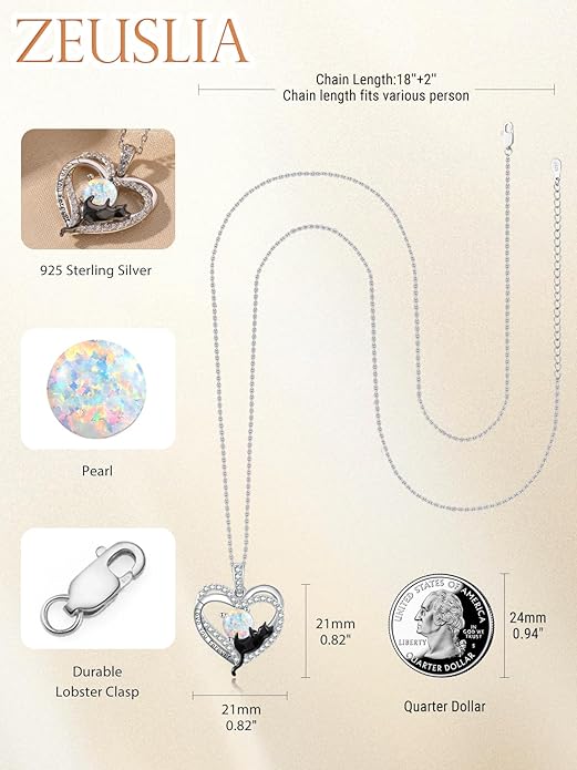 Birthstone Cat Necklaces,925 Sterling Silver Cat Necklace Heart Pendant for Women,Dainty Animal Jewelry for Her,Wedding Anniversary Birthday Gifts for Women Mom Grandma