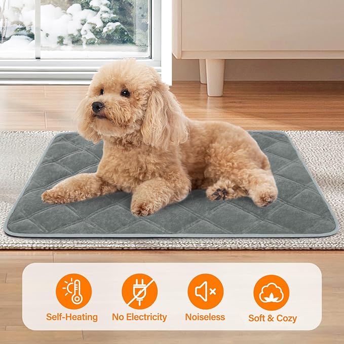 Self Warming Cat Bed, Pet Crate Pad for Indoor and Outdoor, Washable Heating Cat Mat Bed with Non-Slip Bottom for Cats, Puppy and Small Dogs - Grey, S:19"x28"