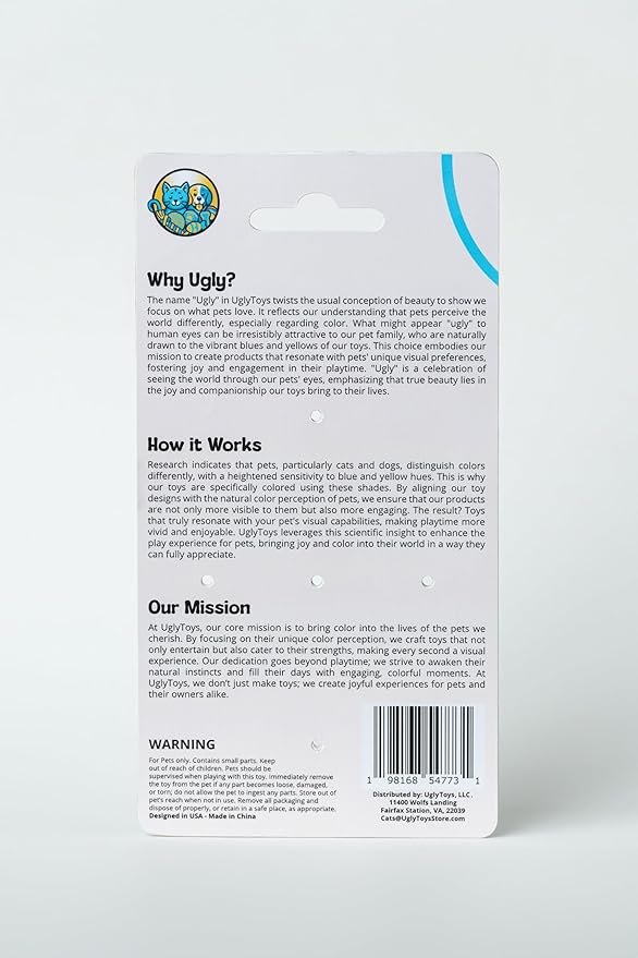 USA - UglyMice Collection, Refillable Plush Catnip Mouse Toy for Cats, Blue & Yellow Colors for Visual Enrichment, Hidden Pouch Catnip Included