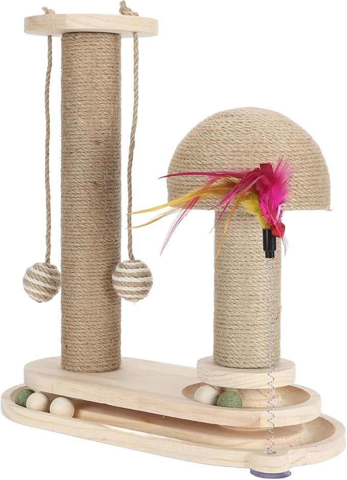 Cat Toy Cat Scratching Post 2 Layer Ball Track Kitten Scratcher Cat Toy, Sturdy Pine Hemp Cat Scratch Post Interactive Toy with Wood Ball, Suction Cup Base Cat Scratcher Toy