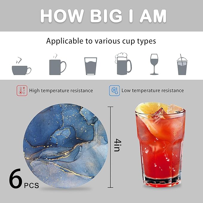 Blue Marble Fluid Set of 6 Coasters for Drinks Absorbing Round Ceramic Stone Coaster with Cork Base,Tabletop Protection Mat for Mugs and Cups,Office,Kitchen