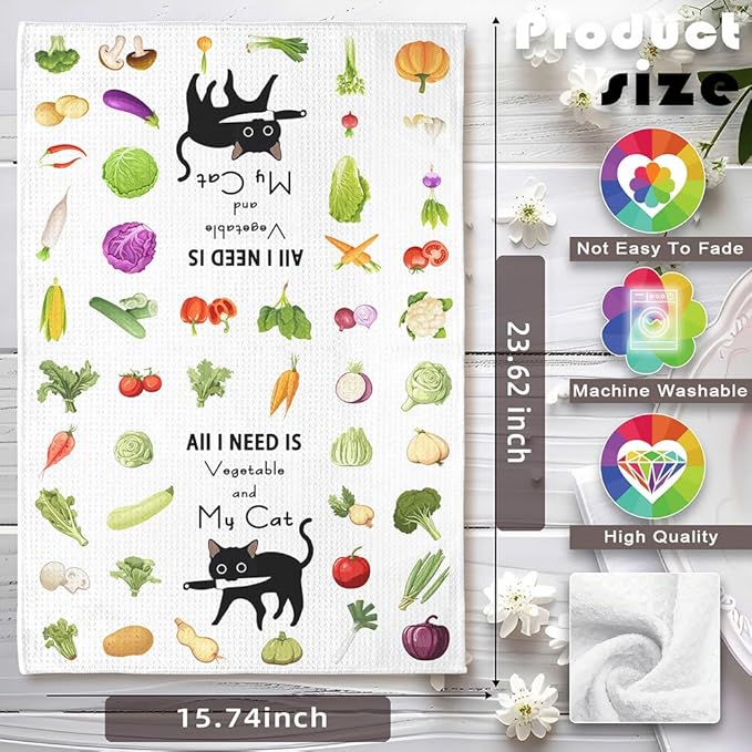 2-Pack Whimsical Veggie and Fruit Kitchen Towels Set-Quick-Drying Decorative Dish Towels with 'My Cat & Garden Harvest' Designs,Funny Animal Theme Hand Towels for Cooking,Purrfect Gifts for Cat Ladies