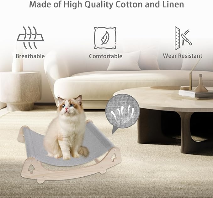 Cat Bed, Breathable Linen Cat Beds for Indoor Outdoor Cats, Elevated Wooden Hammock 21.9 X 15 Inch Pet Furniture for Kitty Puppy Bunny Rabbit Small Animal