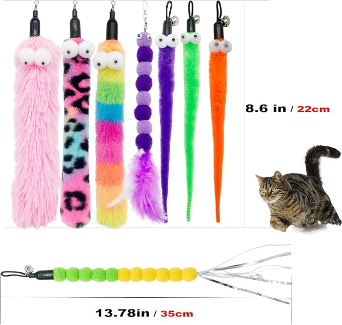 Cat Worm Toy Cat Wand Replacement, 8 PCS Worms Cat Toy Assorted, Cat Wand Attachments Teaser Worm for Cat Toys