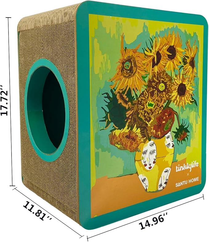 Cat Condo Scratcher Cardboard, Sunflowers Shape Adaptation Spoof Version Cat Scratching House Bed Furniture Protector, Green Colour