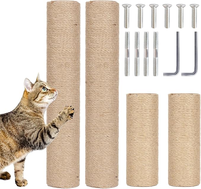 PowerKing Natural Sisal Replacement Scratching Post, 4 Pieces M8 Cat Scratch Post Refill Pole Parts for Refurbishment, White, Include Screws (Nature-15.7''+15.7''+7.87''+7.87'')