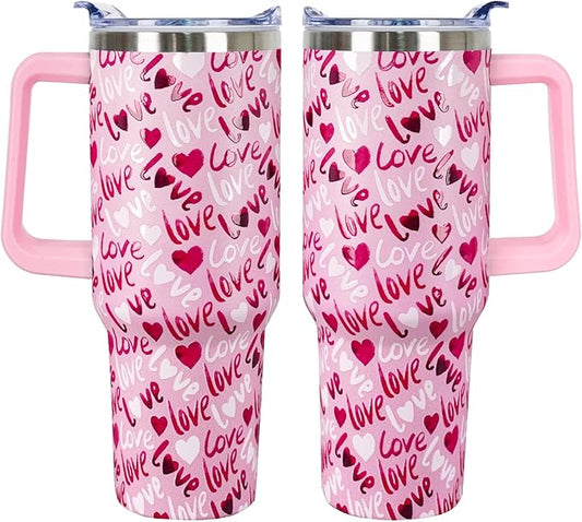 40 Oz Valentines Day Tumbler 3d-Printed Pink Love Tumbler Gifts for Couple Women Men Insulated Travel Cup with Handle Lid and Straw