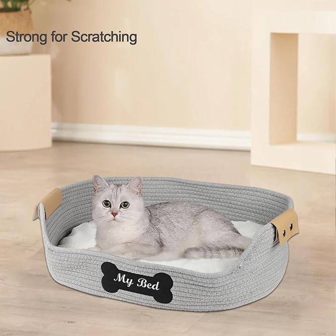 Cat Beds for Indoor Cats,21.6''X15.7''Cotton Rope Puppy Bed,Woven Rope Kitty Nest Cat Nap Bed with Soft Cushion,Handwoven Dog Cat Bed Basket -Scratch Resistant