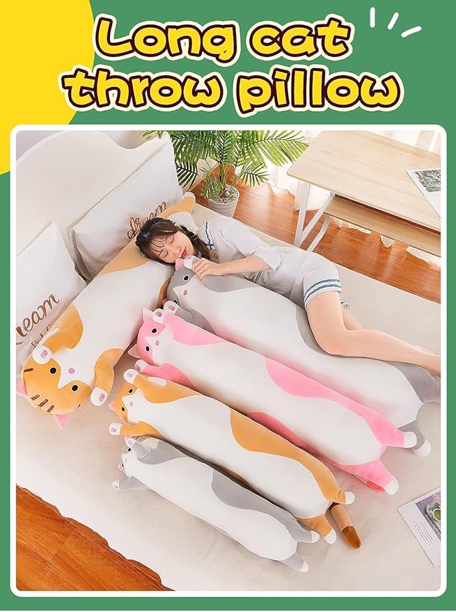 Cat Soft Plush Pillow Cute Cat Body Pillow, Long Stuffed Cat Plush Cat Stuffed Animal Toy Kitten Long Throw Pillow Gift for Kids Girlfriend(70CM,Grey)