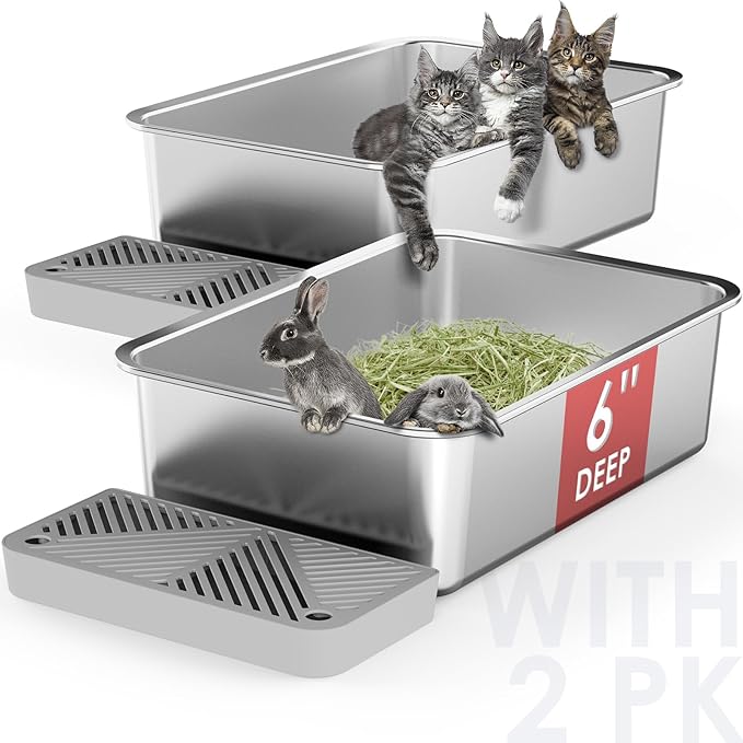 2 Pack 19.6"x13.7"x6" Stainless Steel Litter Box with 26L Litter Capacity, Large Cat Litter Box for Cats and Rabbits, Metal Kitty Litter Box with Foot Board, Non Stick Stainless Steel Pan Tray