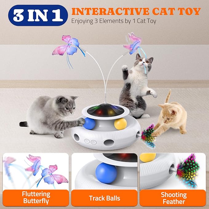 Interactive Cat Toys: 3 in 1 Automatic Cat Toy for Indoor Cats, Electric Kitten Toy with USB Rechargeable, Self Play Kitty Toy with Spinner Fluttering Butterfly, Track Ball and 2 Ambush Feathers