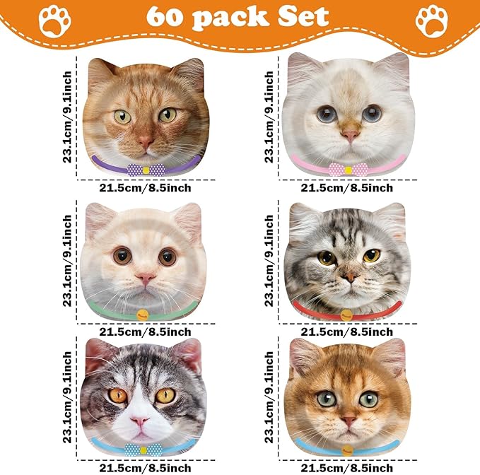 60 Pcs Cat Birthday Paper Plates Cat Shaped Dinner Party Plates for Cute Kitten Party Supplies Kitty Disposable Dinnerware Plate for Cats Themed Birthday Baby Shower Decorations Favors