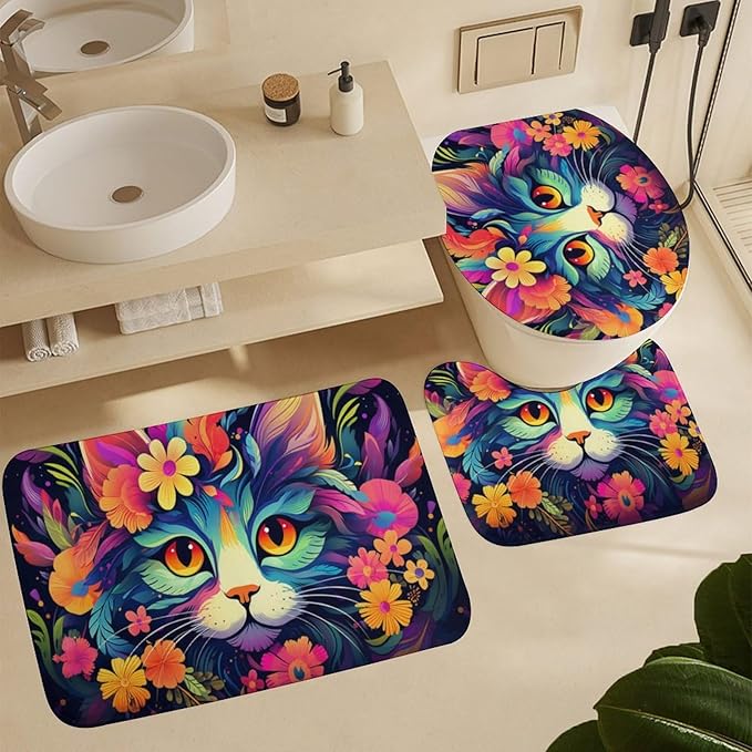 4 Pieces Colorful Abstract Cat Shower Curtain Set Funny Flower Animals Glam Bathroom Decor Sets with Rugs Bathroom Accessories Set Bathroom Curtain Shower Set with 12 Hooks