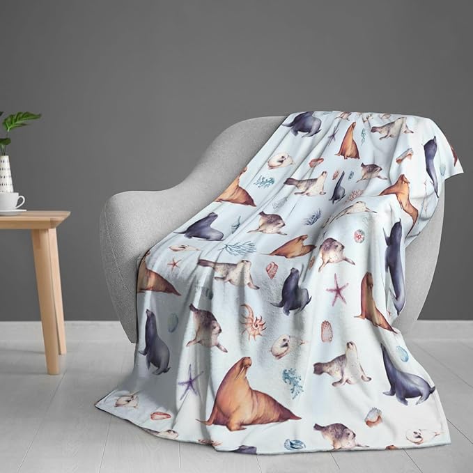 Sea Lion Blanket Throw 60"x50", Plush Flannel Sea Animals Blanket, Soft Warm Decorative for Kids Women