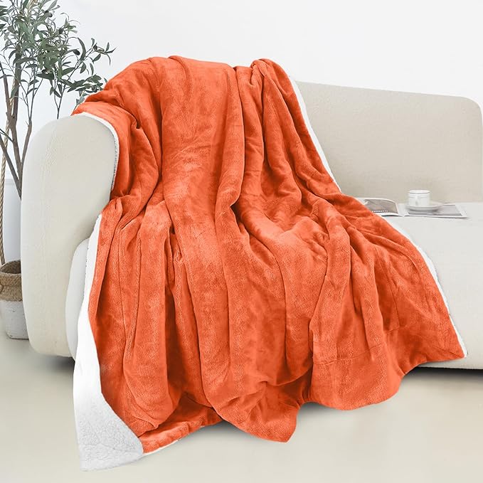 Elegant Comfort Reversible and Ultra-Plush Flannel Fleece Sherpa Throw- Lightweight Soft and Cozy- All Season Decorative Throw, Perfect for Lounging, 50 x 60 inches, Orange