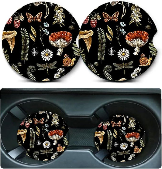 Car Coasters for Cup Holders,2 Pack Mushroom Car Coasters,2.75" Universal Size Anti Slip Rubber Mat,Automotive Cup Holder Decal Decor Accessories,Mushroom Gifts for Women,Men,Mom