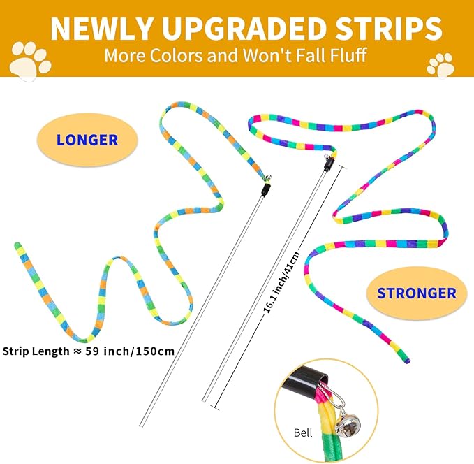 FYNIGO Interactive Cat Rainbow Wand Toys for Indoor Cats and Kittens,Extended Colorful Cat Teaser Wand String Plush Toy,Original Product Strong and Sturdy Pole with Bells(2 Pack)