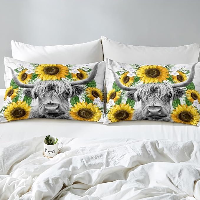 Highland Cow Comforter Set Queen Sunflowers Art Down Comforter Rustic Bull Cattle Bedding Set For Kids Boys Girls Adult Farmhouse Western Funny Animal Wild Theme Duvet Set Grey Marble Comforter
