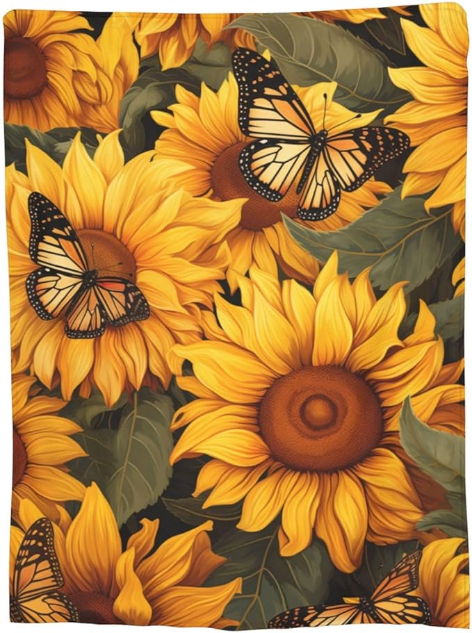 Sunflower Butterfly Blanket Gifts for Grils Women Floral Flannel Throw Blankets for Home Couch Bed Sofa Soft Fuzzy Lightweight Decor All Season 60x50 Inches