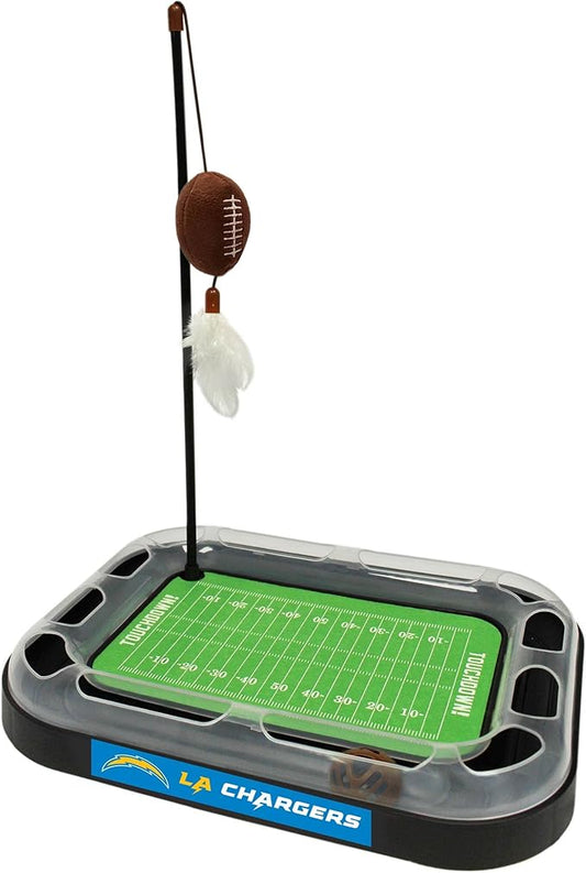 Best Cat Toy of 2020 NFL LA Chargers Football Field CAT Scratcher Toy with Catnip Filled Plush Football Toy & Feather Cat Toy Hanging, with Jingle Bell Interactive Ball Cat Chasing 5-in-1 Kitty Toy