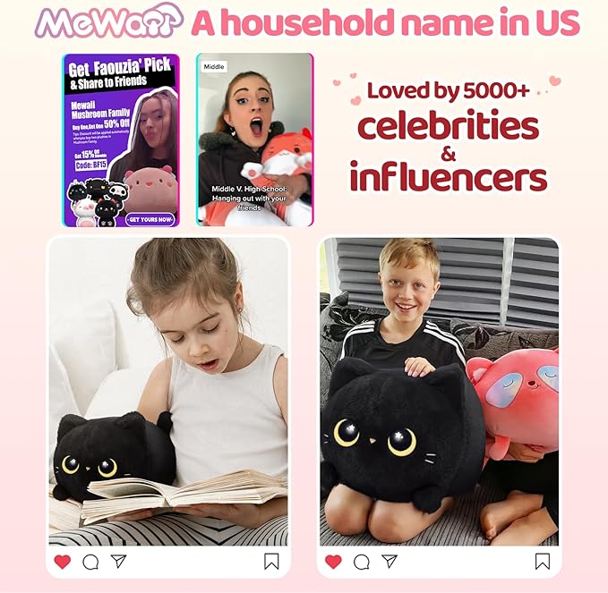 Black Cat Plush, Cute Cat Plushies Toy, Soft Kitten Plushie Cuddle Pillow, Anime Plushie Doll, Cute Stuff Toys Gift for Girls, Boys and Males (8 Inch)