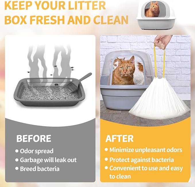 60 Count Cat Litter Box Liners with Drawstring,Replacement Cat Litter Bags,Leak-proof Self-Cleaning Cat Litter Box Liners,Thick Pet Kitty Poop Bag Trash Bag(26.5x16.7in)