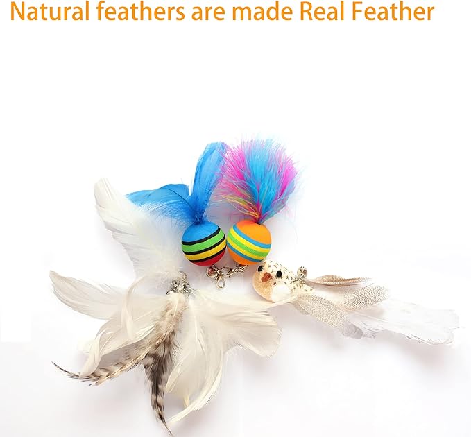 Cat Toys Interactive Cat Feather Wand , Powerful Suction Cup, 4Pcs Natural Feathers and1 Cat Wand Toy , for Indoor Kitty Old Cat Exercise