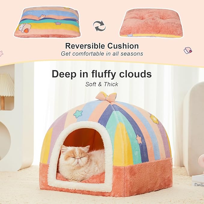 Jiupety Cat Beds for Indoor Cats, Cute Cat House for Cats and Puppy, Cat Cave Bed with Removable Cushion, Large Cat Bed Cat Hideaway Cat Tent, 2-in-1 Pink Cat Bed, M(17" × 17" × 17"), Rainbow.