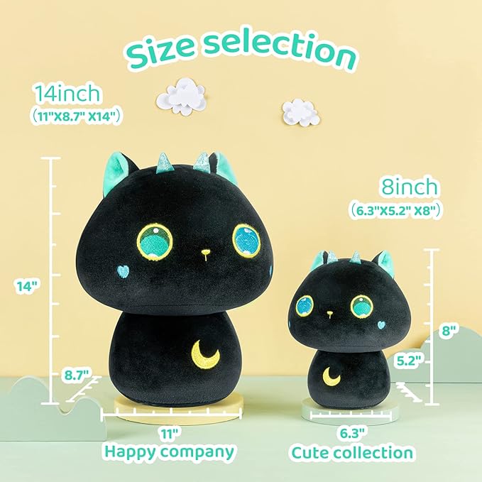 Squishy Cloud-Like Softness, Trending Kawaii Black Cat Mushroom Plush Pillow, A Must-Have Collectible for Young Adults, Perfect for Kids, Toddlers Girls, Stuffed Animal Decor (14")
