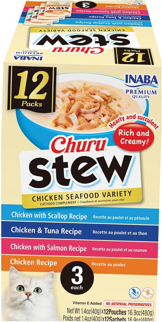 INABA Churu Stew for Cats, Broth Gelée with Shredded Chicken Side Dish Pouch with Vitamin E, 1.4 Ounces per Pouch, 12 Pouches, Chicken & Seafood Variety