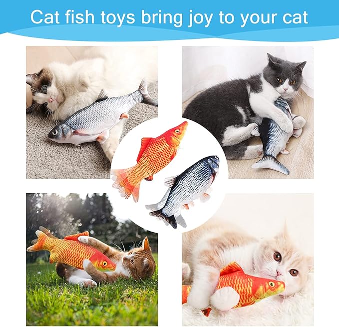 Cat Toys Interactive Flopping Fish with Catnip, 2 Pack Automatic Cat Toys for Indoor Cats, 11" Electric Moving Cat Kicker Toy, Wiggle SilverVine Floppy Fish for Kitty, Bored Kitten Self Play Toys