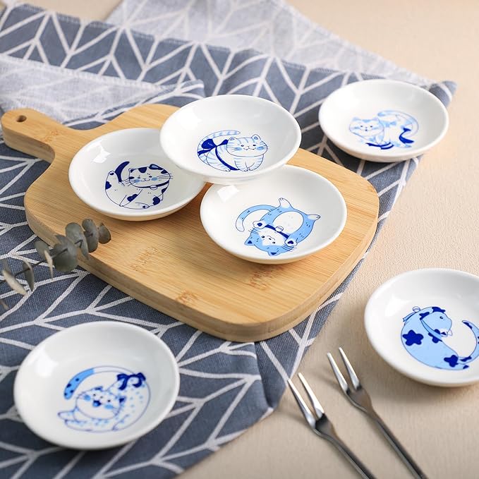 Blue and White Porcelain Vintage Cats Pattern Dessert Plates, Appetizer Plates, Snack Plates Set, Seasoning Dishes, Side Dishes, Saucer Dipping Bowls, 6 PCS-Blue Cats-3.5 Inch