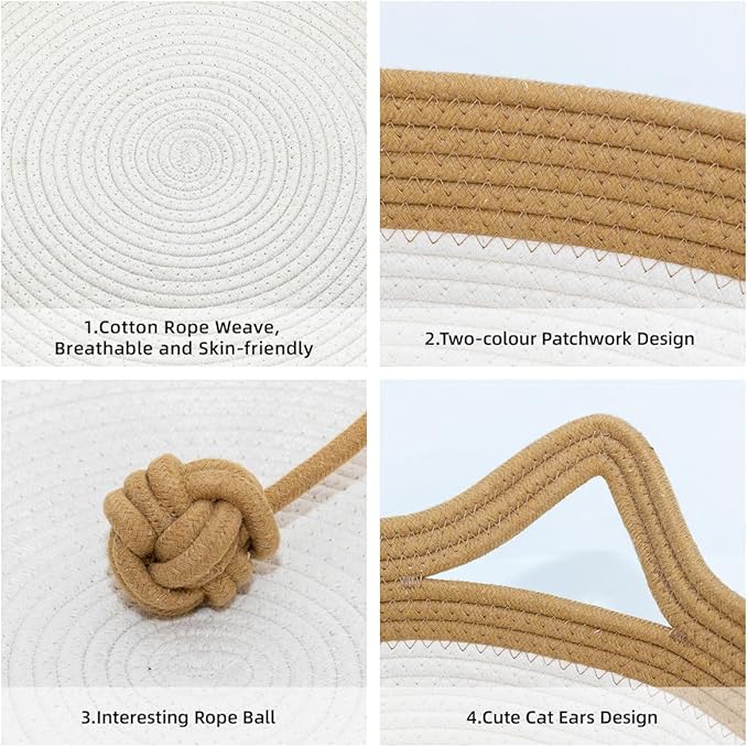 Cotton Rope Cat Bed, Cat Foldable Sleeping Basket, Pet Sleeping Bed Basket with a Playing Rope Ball, Hand Woven Small Dogs Sofa Bed, Kitten Shaped House for Pets (Medium, Brown & Beige)