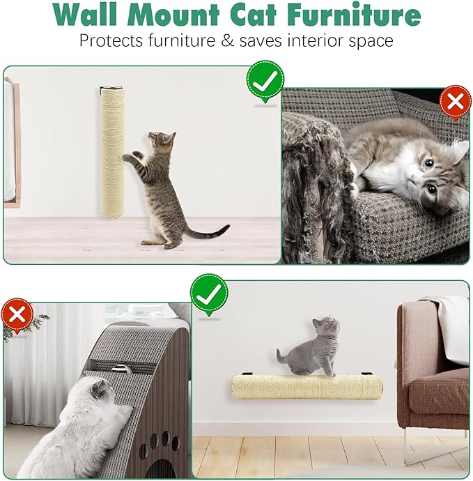 Wall Mounted Scratching Post for Cats 16 Inches Sisal Rope Cat Wall Scratcher Posts Wall Mount Cat Furniture for Indoor Kittty to Scratch and Climbing with Feather Toys