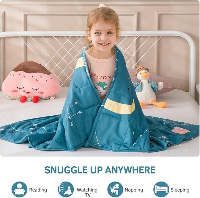 Mr. Sandman 5 lbs Weighted Blanket for Twin Size Bed, Perfect for 40-60lb Organic Cotton Heavy Blanket with Premium Glass Beads - 36" x 48" Star Moon Blue