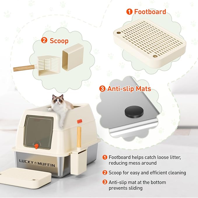 3 in 1 Premium Stainless Steel Cat Litter Box with Removable Lid, Enclosed XL Extra Large High-Sided Metal Box for Big Kitty with Scoop, Top Entry, Odor Control, Anti-Leakage, Non-Sticky & Easy Clean
