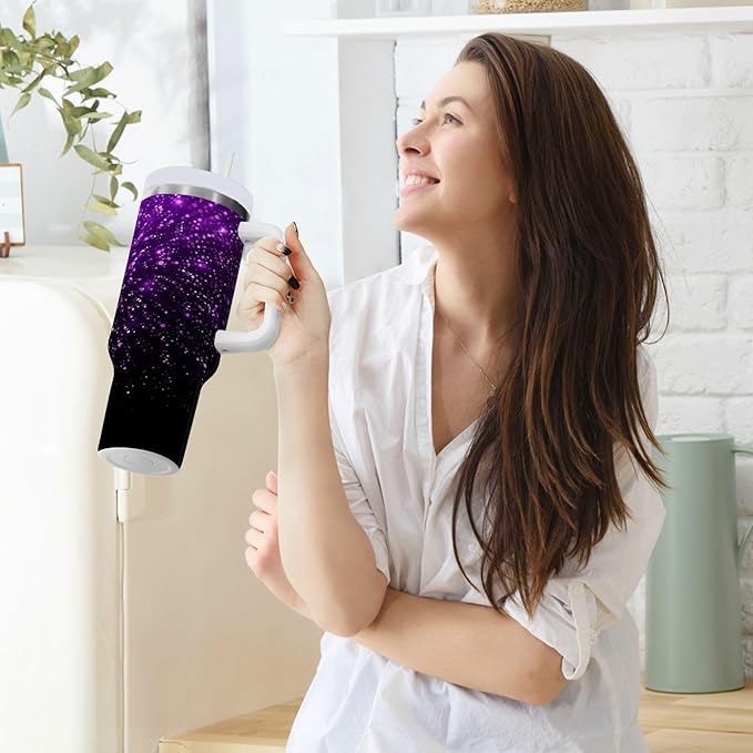 Boccsty Glowing Sparkles Purple Glitter Insulated Tumblers Reusable Stainless Steel Tumbler 40 oz Cup Coffee Travel Mug Water Bottle with Handle & Flip Straw for Home Office Car