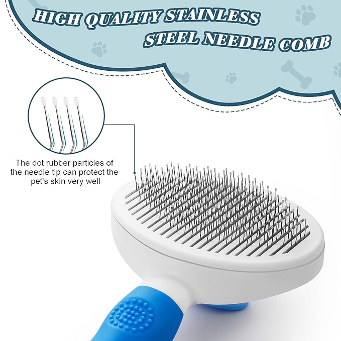 Brush for cats & dogs,self-cleaning pet brush,cat brush&dog brush, small dog brush,Pet Hair Grooming,Easy removes loose undercoat, fine needle (blue)