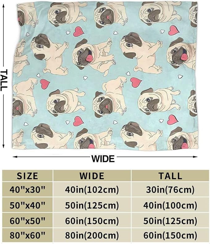 Funny Pug Blanket - Cute Throw for Dog Decor, Cozy Print Flannel Fleece, Soft Plush Fuzzy Warm Lightweight Bedding, Gifts for Women Men Girls Kids 50"X40"
