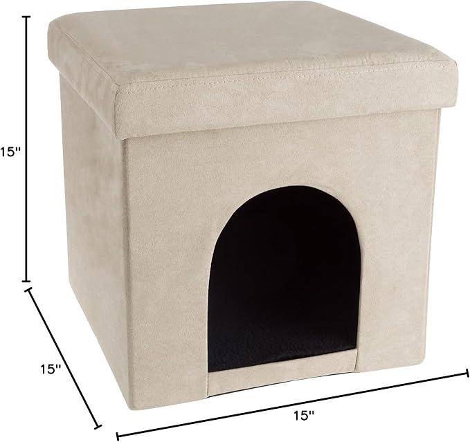 Pet House Ottoman - Collapsible Multipurpose Small Dog or Cat Bed Cube and Footrest with Cushion Top and Interior Pillow by PETMAKER (Microsuede Tan)