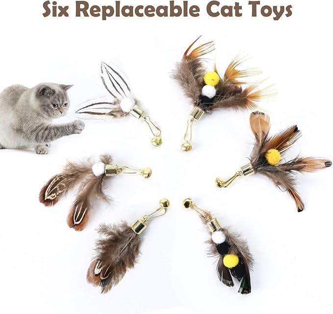 Cat Insect Feather Toys Replacement Cat Toy Wand Refills, 6 Pieces Natural Insect Cat Toy Feathers Refill, Interactive Cat Teaser Wand Attachments, with Bell