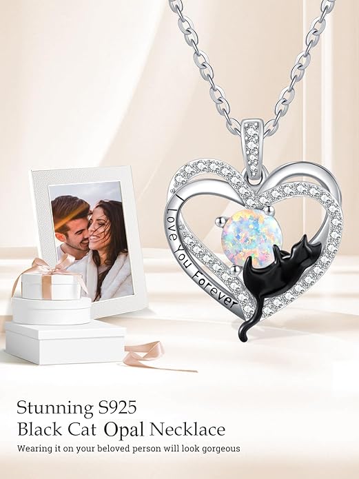 Birthstone Cat Necklaces,925 Sterling Silver Cat Necklace Heart Pendant for Women,Dainty Animal Jewelry for Her,Wedding Anniversary Birthday Gifts for Women Mom Grandma