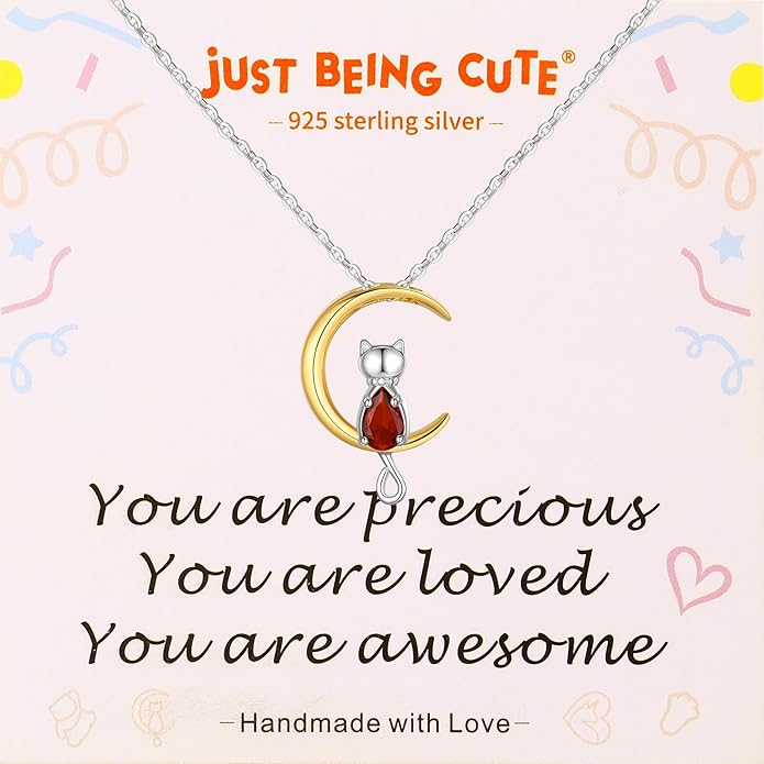 Birthstone Necklace for Women Girls, Cat Necklaces 925 Sterling Silver Teardrop Pendant 18K Gold-Plated Birthstone Jewelry Gifts for Birthday Easter