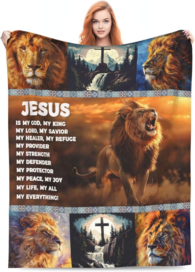 Jesus Lion Blanket Christian Decor Throw Blanket Super Warm Soft Plush Lightweight Fleece Flannel Winter Cross Animal Blanket Gifts for Prayer Girls Women Adults Boys Baby Kids Couch Bedding 60"X80"