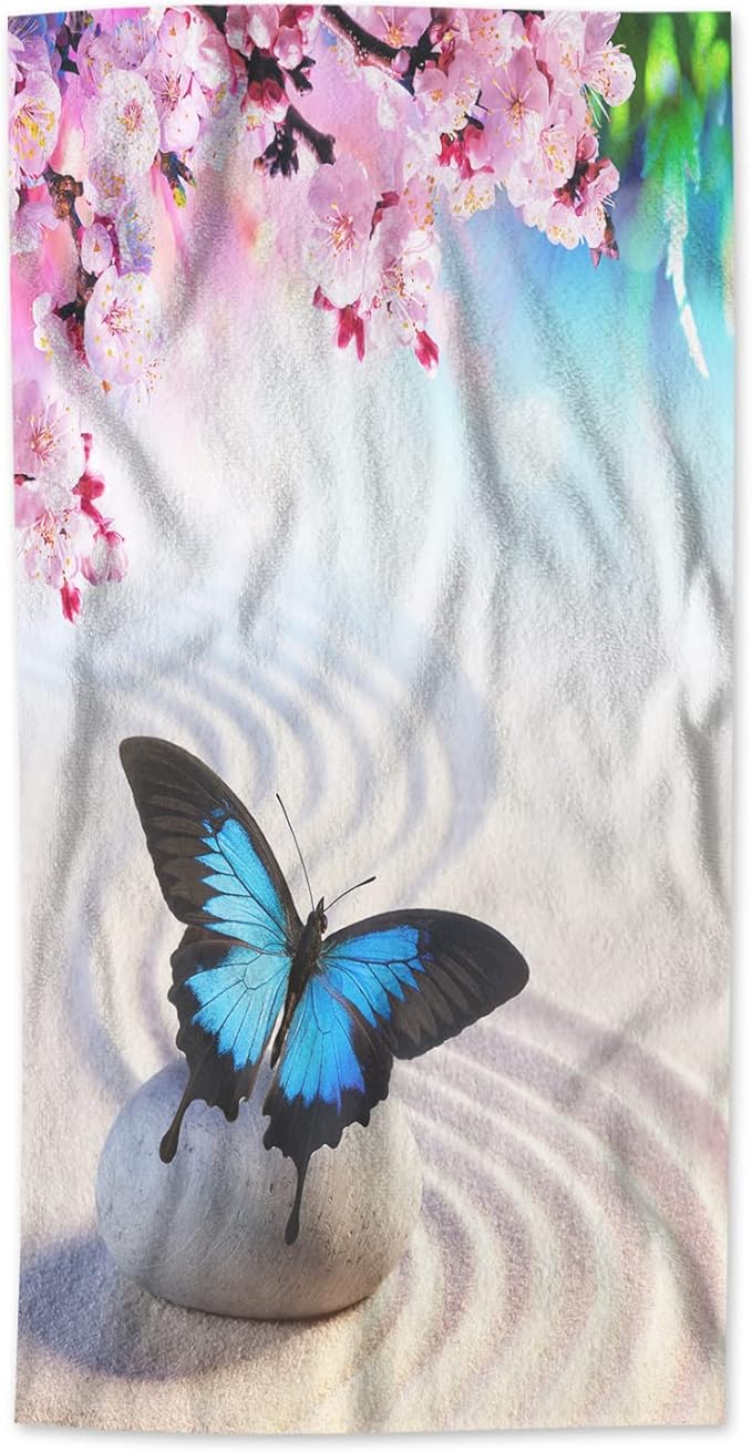 AOYEGO Butterfly Hand Towel Butterfly in Japanese Rock Garden Pink Flowers Blossom Decorative Soft Highly Absorbent Bath Towels Home Hotel Spa Bathroom Towel 15x30 Inch