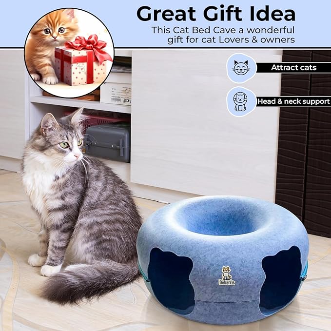 Peekaboo Cat Tunnel Bed-Large, Scratch-Resistant Donut Cave for Indoor Cats Up to 30-45 lbs, Detachable & Washable Design, Perfect Cozy Play & Rest Spot for Cats and Small Dogs (Blue, Large)