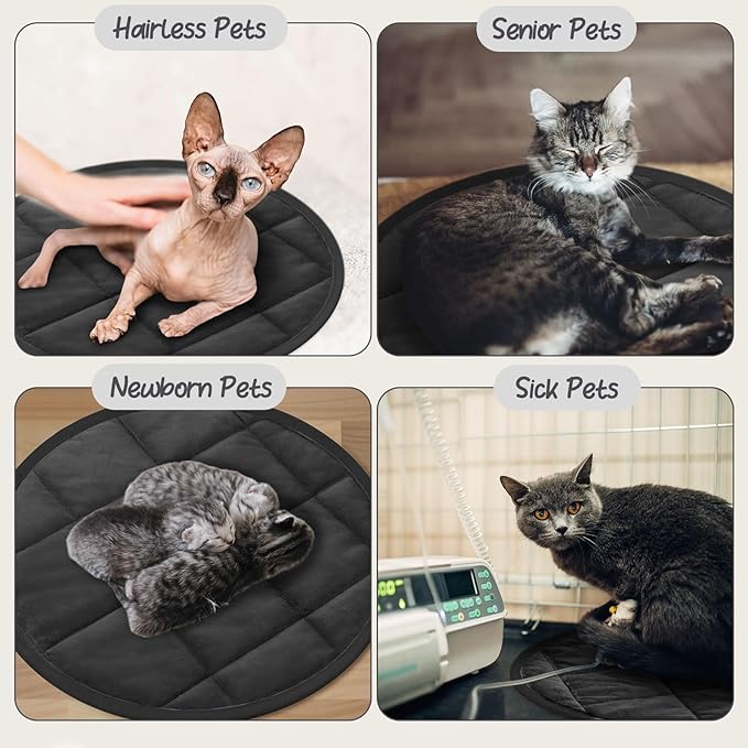 2 Pcs Cat Heating Pad Round 16 Inch Self Heating Cat Mat Washable Heated Cat Bed Anti Slip Cat Warming Pad Pet Bed Mat for Kennel Dog Crate Indoor Outdoor (Black,16 Inch)